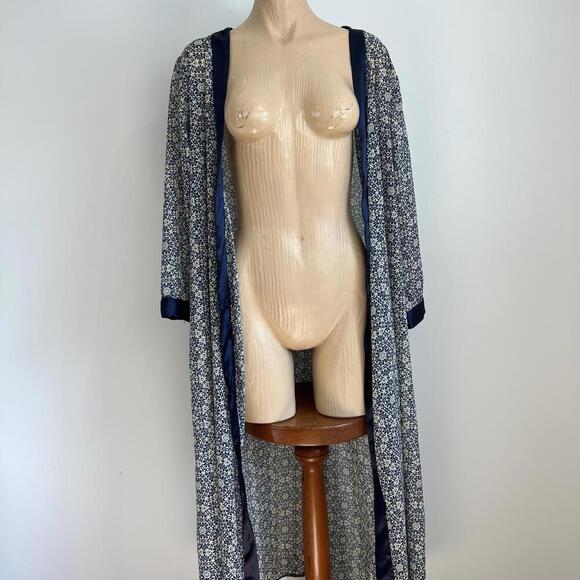 Vintage Women's One Size Blue Geometric Maxi Open Front Long Duster Cardigan - Picture 2 of 11